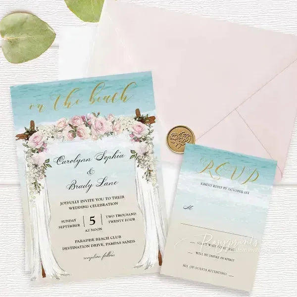 Boho Beach Arbor Blush Pink Shore Wedding Invitations