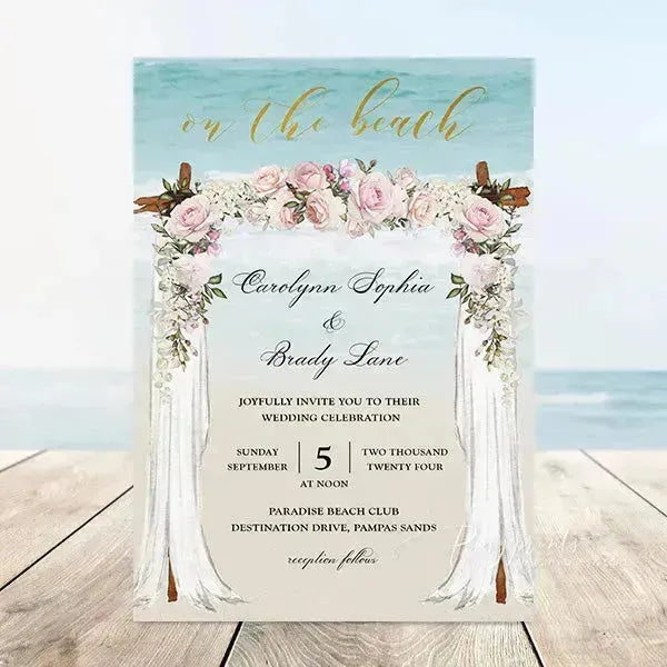 Boho Beach Arbor Blush Pink Shore Wedding Invitations