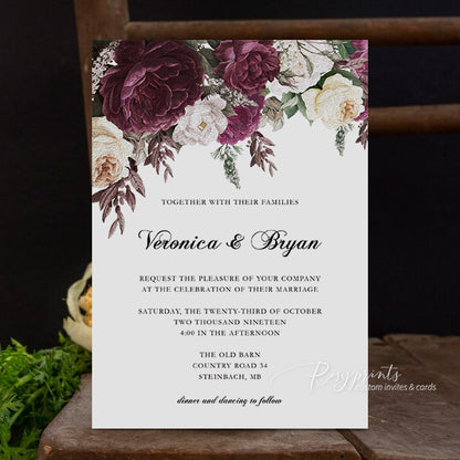 Dark Plum Purple Ivory Floral Wedding Invitations RPS40