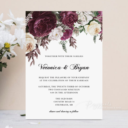 Dark Plum Purple Ivory Floral Wedding Invitations RPS40