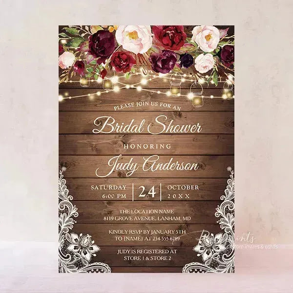 Red Burgundy Flowers Rustic Bridal Shower Invitations RPB06 - Rosy Prints