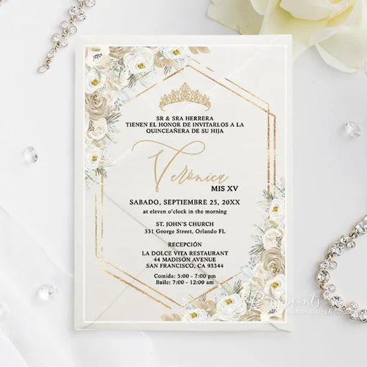 Ivory cream white and champagne acrylic sweet 16 invitations ROSYA94 - Rosy Prints