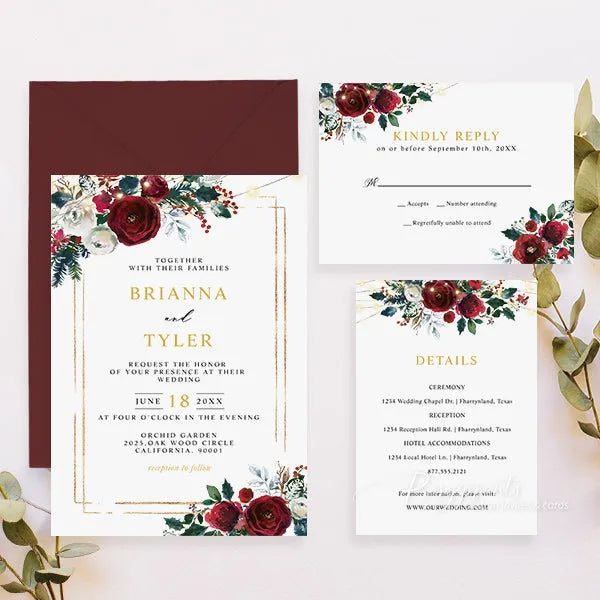 red and green floral Christmas wedding invitations