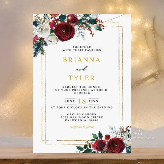 red and green floral Christmas wedding invitations RPS38 - Rosy Prints