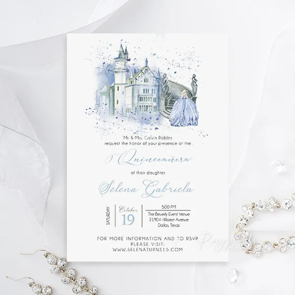 Cinderella fairytale light blue birthday invitations