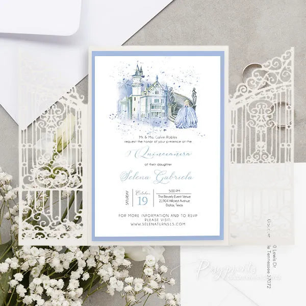 Cinderella fairytale light blue birthday invitations