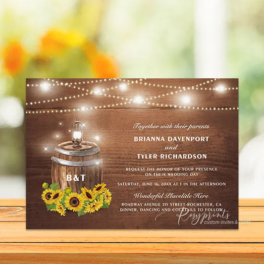 wine barrel sunflower wedding invitations RPFLAT21 - Rosy Prints