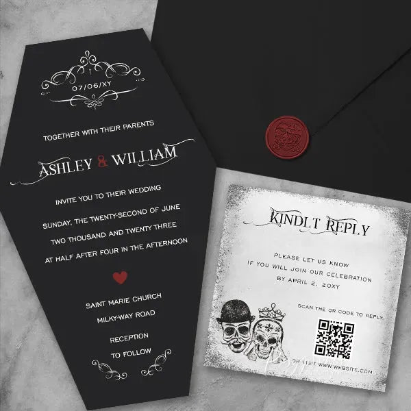 black coffin shape Halloween wedding invitations RPS16 - Rosy Prints