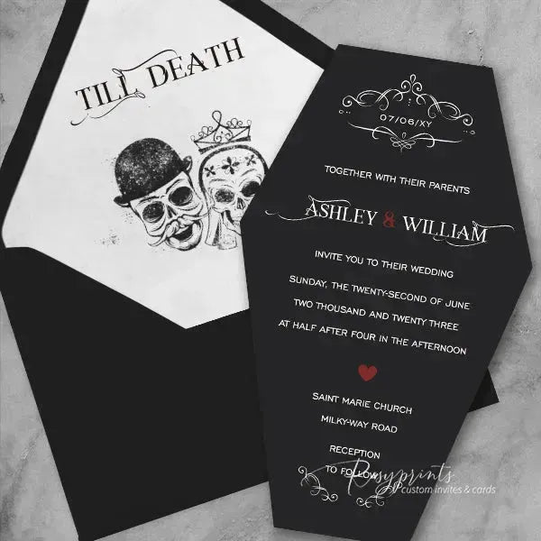 black coffin shape Halloween wedding invitations RPS16 - Rosy Prints