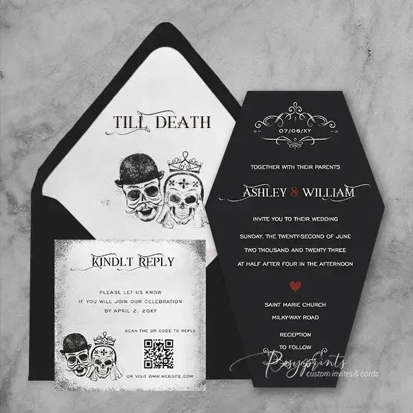 black coffin shape Halloween wedding invitations RPS16 - Rosy Prints