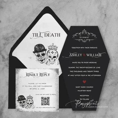 black coffin shape Halloween wedding invitations RPS16 - Rosy Prints