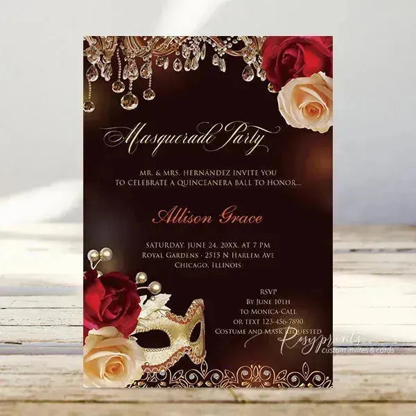 Masquerade Party Red Gold Mask Quinceanera invitations RPS34 - Rosy Prints