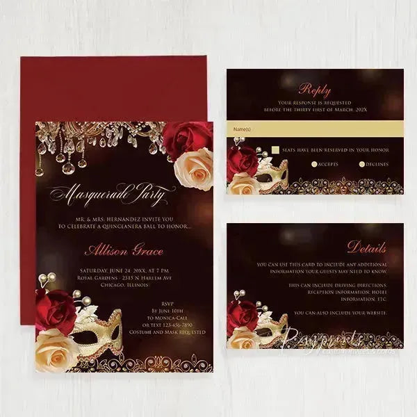 Masquerade Party Red Gold Mask Quinceanera invitations RPS34 - Rosy Prints