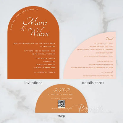 Modern Arch Stacked Burnt Orange Wedding Invitations