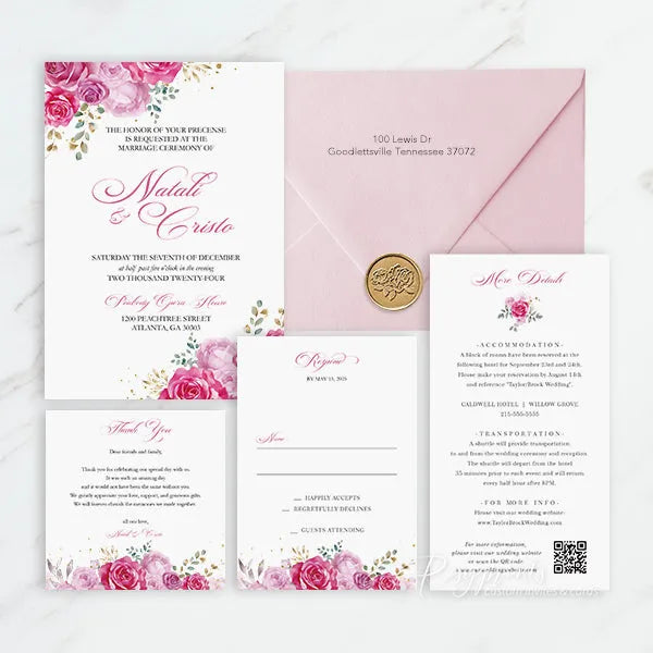 fuchsia hot pink garden wedding invitations ROSYP20