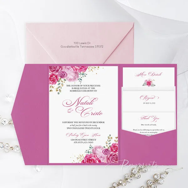 fuchsia hot pink garden wedding invitations ROSYP20