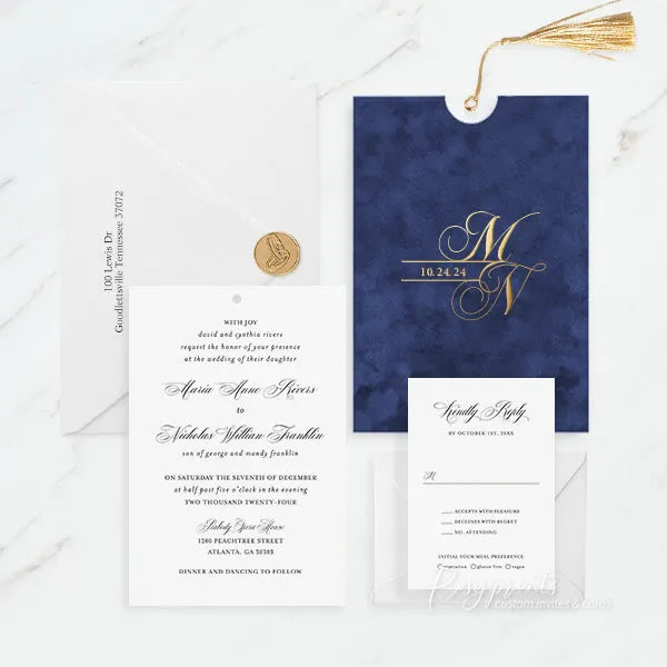 navy blue and gold foil velvet wedding invitations