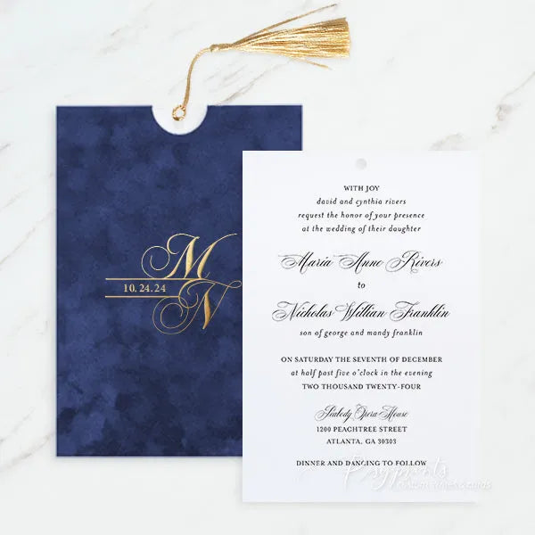 navy blue and gold foil velvet wedding invitations