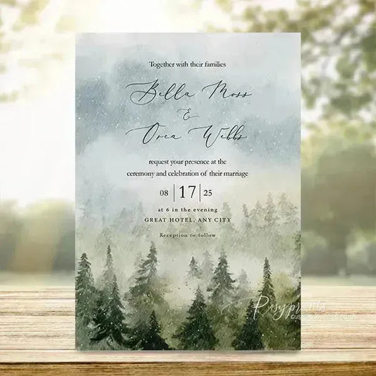 rustic mountain pine tree forest wedding invitations RPS32 - Rosy Prints