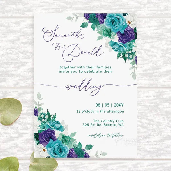 affordable purple and teal floral wedding invitations RPFLAT01