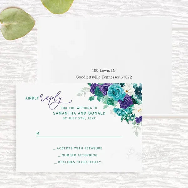 affordable purple and teal floral wedding invitations RPFLAT01