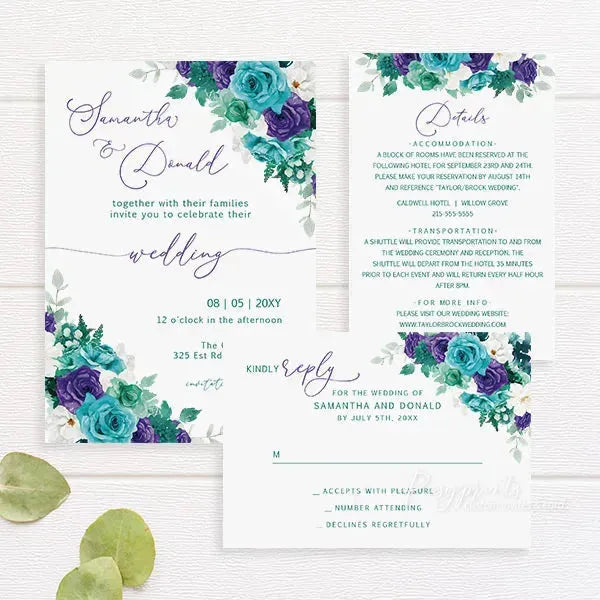 affordable purple and teal floral wedding invitations RPFLAT01 - Rosy Prints