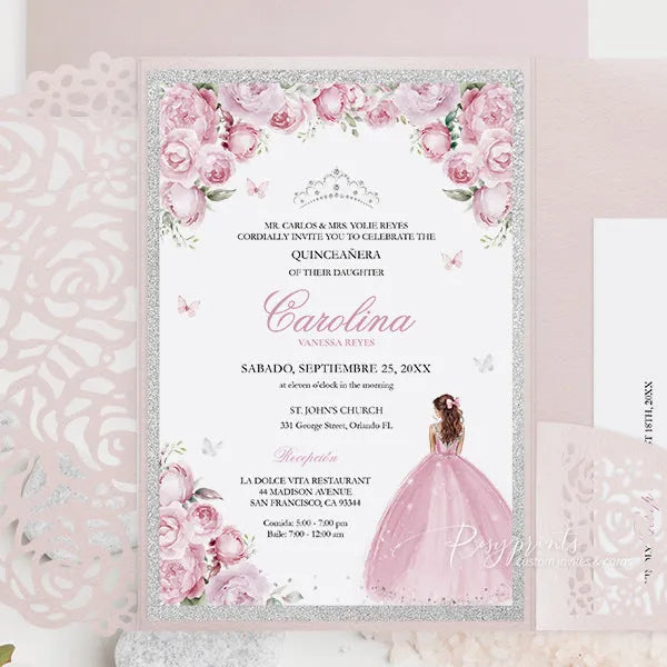 silver and pink butterfly quinceanera sweet 16 invitations ROSYP35