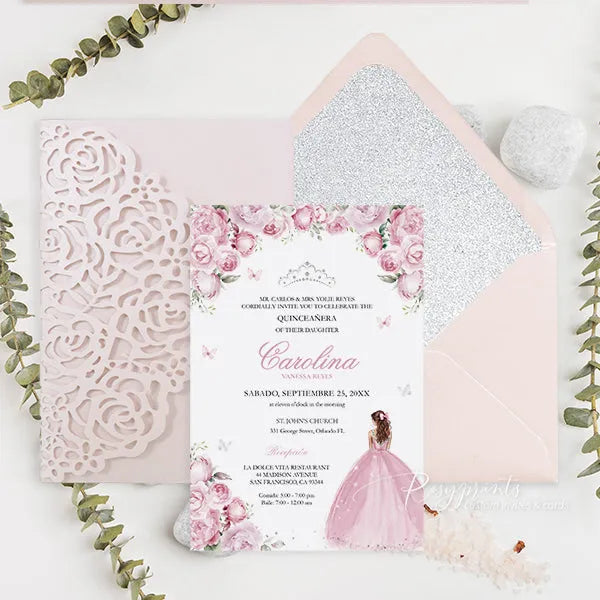 silver and pink butterfly quinceanera sweet 16 invitations ROSYP35