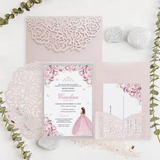 silver and pink butterfly quinceanera sweet 16 invitations ROSYP35 - Rosy Prints