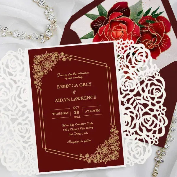 red and gold rose glitter wedding invitations ROSYG12 - Rosy Prints