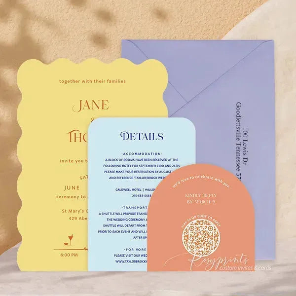 Yellow orange and blue retro wedding invitations RPS16