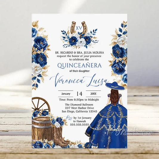 western charra royal blue Spanish Quinceanera invitations RPS36 - Rosy Prints