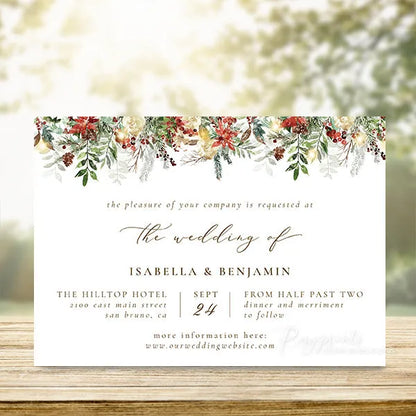 snow winter holly berries Christmas wedding invitations RPF28 - Rosy Prints