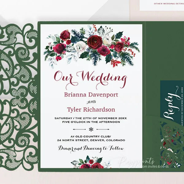 Rustic red green winter Christmas wedding invitations ROSYP30