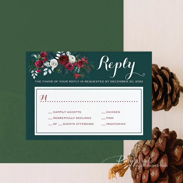 Rustic red green winter Christmas wedding invitations ROSYP30