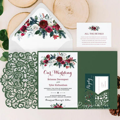 Rustic red green winter Christmas wedding invitations ROSYP30