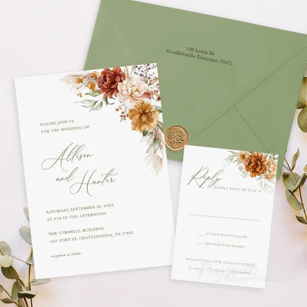 terracotta and sage green boho wedding invitations RPS25