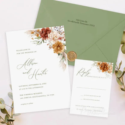 terracotta and sage green boho wedding invitations RPS25