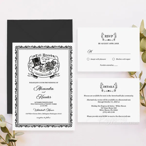 Halloween black skeleton gothic wedding invitations RPS42