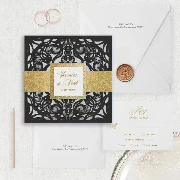 black and gold pocket wedding invitations ROSYP13 - Rosy Prints