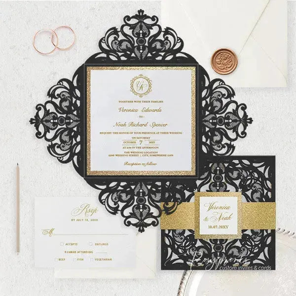 black and gold pocket wedding invitations ROSYP13 - Rosy Prints