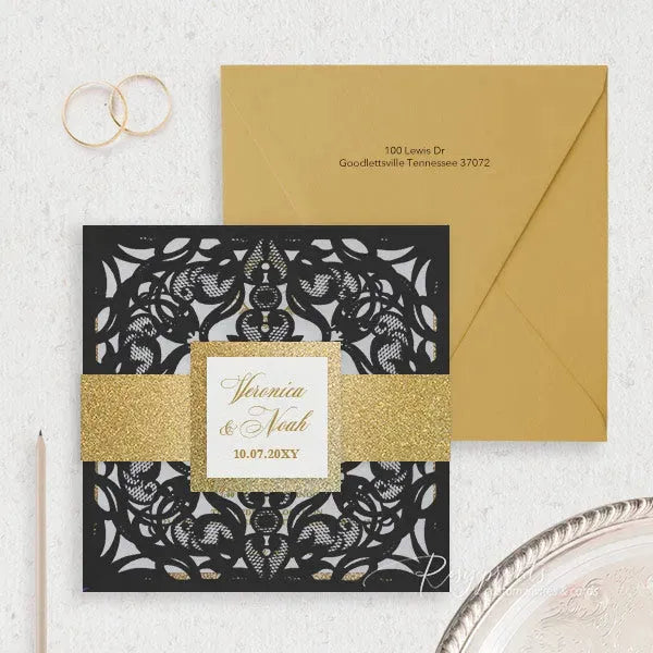 black and gold pocket wedding invitations ROSYP13 - Rosy Prints