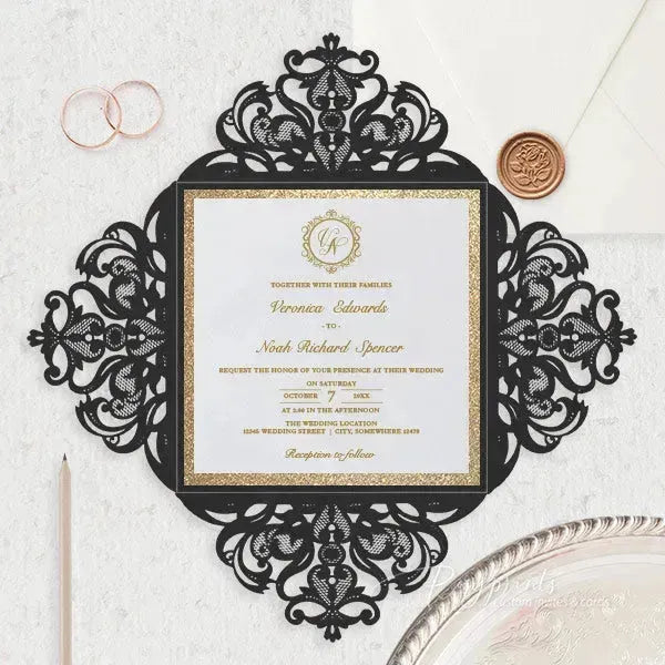 black and gold pocket wedding invitations ROSYP13 - Rosy Prints