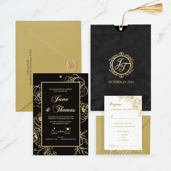 black and gold flowers velvet wedding invitations ROSYP52