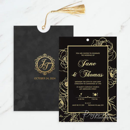 black and gold flowers velvet wedding invitations ROSYP52 - Rosy Prints