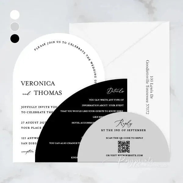 black and white arch stacked wedding invitations RPS03