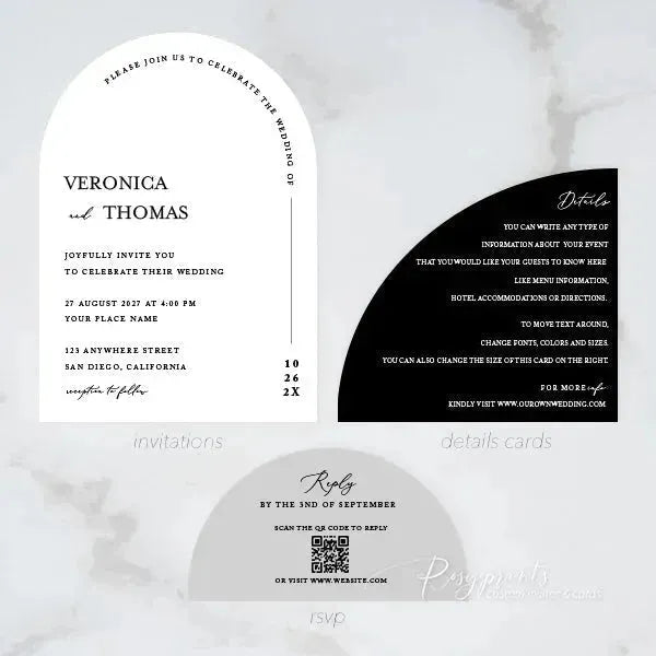 black and white arch stacked wedding invitations RPS03