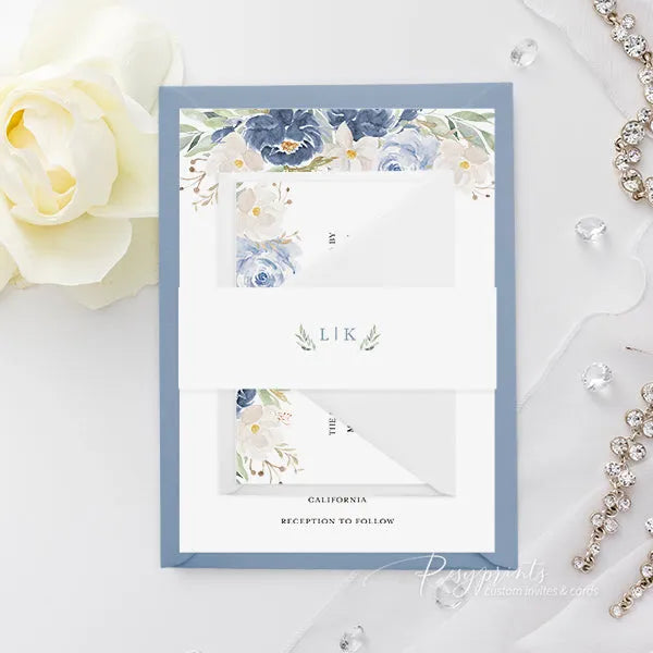 dusty blue navy blue floral wedding invitations ROSYP21