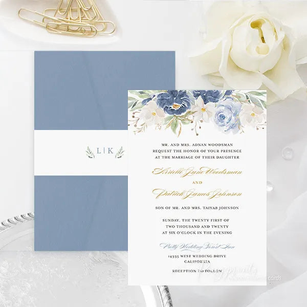 dusty blue navy blue floral wedding invitations ROSYP21