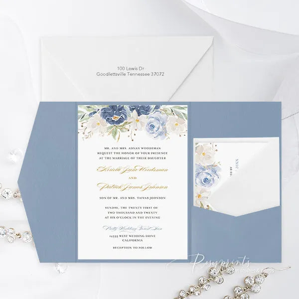 dusty blue navy blue floral wedding invitations ROSYP21